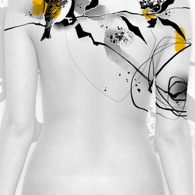 Abstraktes Tattoo Design/ Wannado mit Vögeln, floralen Elementen, modernen Linien und farblichen Akzenten von Clemens Tattoo Artist Ravensburg