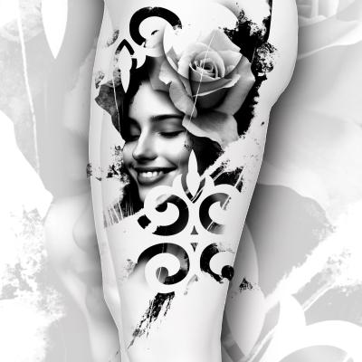 Abstrakt - realistisches Tattoo Design/ Wannado Tattoo, Portrait einer Frau mit Rose und Ornamentik von Clemens Tattoo Artist Ravensburg